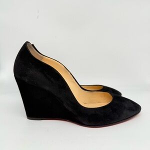 Christian Louboutin Black Suede Leather Tanja scalloped Wedge Pumps EU 38.5